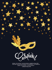 Fototapeta na wymiar Carnival vector poster with golden mask and stars. Festival design.