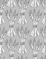 Seamless pattern with sketch style asparagus bunch.  Vegetarian background elements