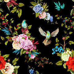 Roses, peony, wild flowers, nightingale birds, lily of the valley, cornflower with leaves on black background. Seamless pattern. Watercolor, hand drawn, vector - stock.
