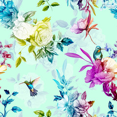 Flowers. Wild roses, rose, with lily of the valley and two hummingbird on pastel background. Seamless pattern. Watercolor. Hand drawn. Vector - stock