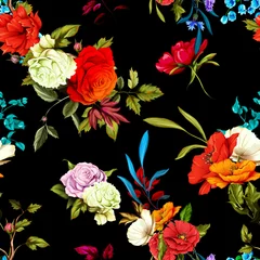 Gardinen Vintage Blumen Poppy, wild rose, cornflowers, lily of the valley with leaves on black. Seamless background pattern. Watercolor, hand drawn. Vector stock  © iMacron