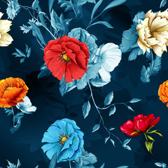 Poppy, wild rose and cornflowers with leaves on dark blue. Seamless background pattern. Watercolor, hand drawn. Vector stock