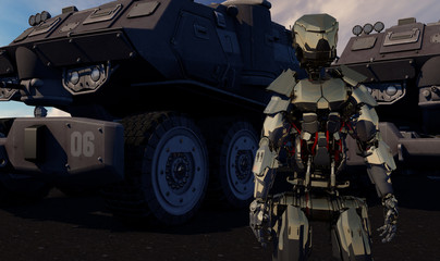 Robot Standing Guard Over Space Transporters 3D Render