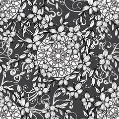 Floral seamless pattern in black and white. Adult coloring book page with flowers and mandalas. Hand drawn vector illustration black background