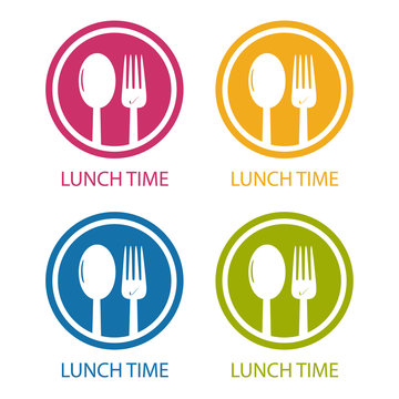 Gabel und Löffel Mittagspause - Rundes Restaurant Symbol - Bunte Vektor Illustration - Freigestellt auf weißem Hintergrund