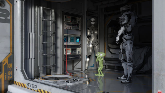 Space Ship Crew Quarters with Alien Traveler Science Fiction 3D Render
