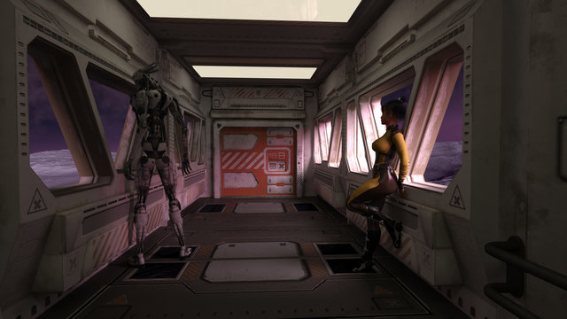 Space Ship with Female Travelers Science Fiction 3D Render