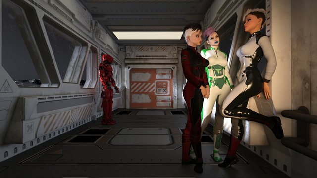 Space Ship with Female Travelers Science Fiction 3D Render