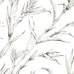 Seamless pattern with pineapple sprouts and leaves. Tropical summer graphic illustration. Botanical texture in beige shades. Monochrome design. Perfect for a poster, printing on fabric.