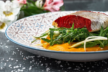 Pike-perch with carrot puree and fennel. Fried perch fillet with vegetable puree.