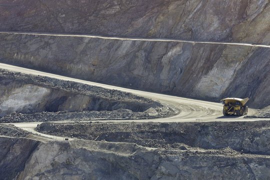 Heavy industry large haul pack truck on golding mining quarry road