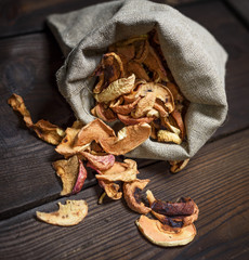 dried apple slices in a canvas bag