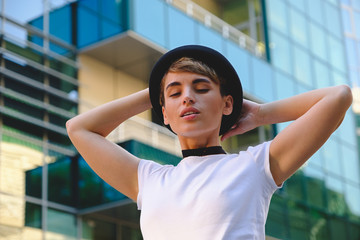 Portrait fashionable woman taking a breake from work relaxing