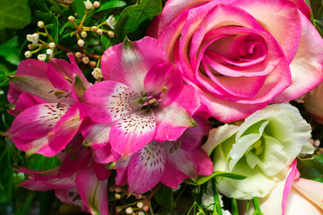 Close up of a bunch or bouquet of pink roses, pink Alstroemeria and white Lisianthus flowers 