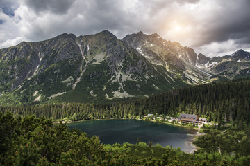 Mountain landscape on the background of the lake. High Tatras.