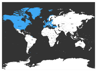 Fototapeta na wymiar North Atlantic Treaty Organization, NATO, member countries highlighted by blue in world political map. 29 member states since June 2017.
