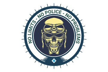Skull biker in motorcycle helmet, emblem. The inscription on the icon - no limits no police no problems