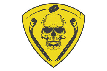 Hockey logo, skull with hockey sticks on the shield. Icon, logo.