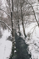 Rural setting in the village of Carrignavar during Storm Emma, also known as the Beast from the East, which hit Ireland at the start of March: stream surrounded by trees and roads covered in snow.