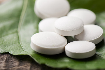 Pharmacy theme,  tablets on leaflet.