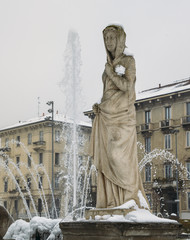 Milan, Lombardy, Italy, Statues and fountain in Giulio Cesare square, near the new Citylife area.