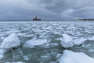 Frozen coastline of Baltic Sea in Gdynia, Poland