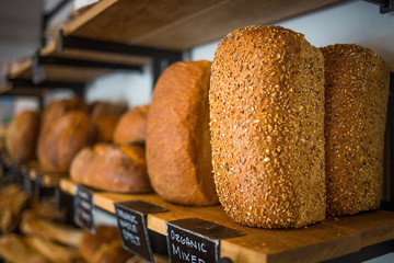 Organic multi grain bread fresh bake on shelf