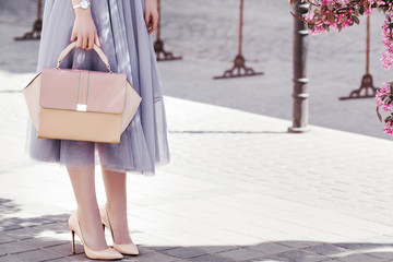 Fashionable woman posing in street. Girl holding elegant pink bag, purse, wearing stylish tulle...