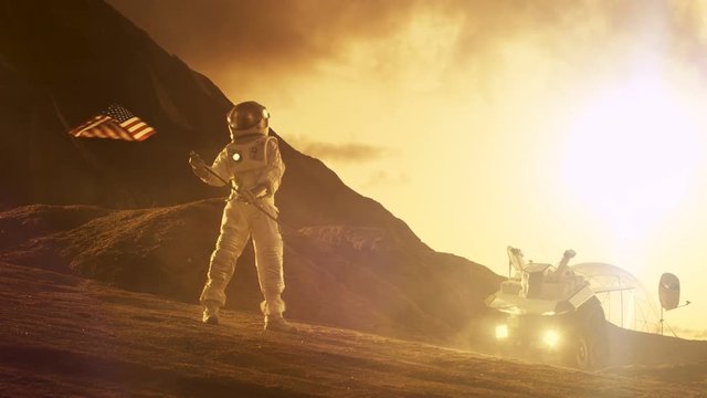 Astronaut  Waves American Flag on the Red Planet/ Mars. Shot on RED EPIC-W 8K Helium Cinema Camera.