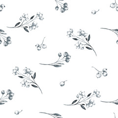 Seamless pattern with watercolor berries and herbs. Original hand drawn illustration. Botanical texture. Monochrome nature design. Perfect for a poster, printing on fabric.