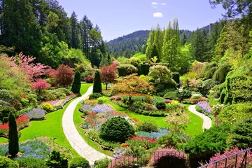Fotobehang Tuin Butchart-tuinen, Victoria, Canada. Uitzicht over de kleurrijke bloemen van de verzonken tuin in de lente.