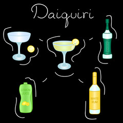 Daiquiri Cocktail ingredients isolated vector colorful illustration
