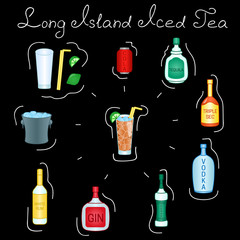 Long Island Iced Tea Cocktail ingredients isolated vector colorful illustration