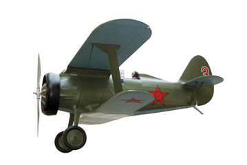 model of piston biplane fighter aircraft of the 30s isolated..