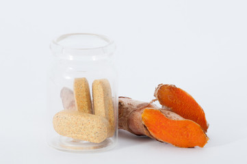 Turmeric in phitotherapy, nutrition, and in natural medicine in powder, tablet and pills