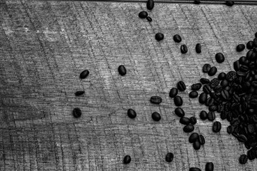 Coffee beans on wood texture black and white photography