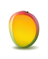 Mango fruit for fresh juice. 3d realistic yellow, red, orange ripe cut mango slice isolated on white background for packaging or web design. Vector