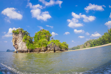 Outdoor view of many beautiful islands near Railay beach with blue sky in Krabi province in the Andaman sea in south Thailand