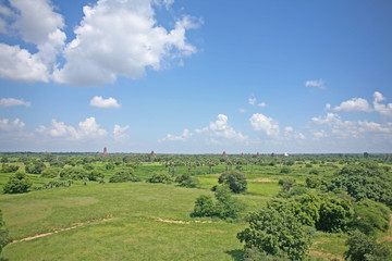 Fototapeta na wymiar Green fields and trees as seen on the Bagan temple plains in Burma