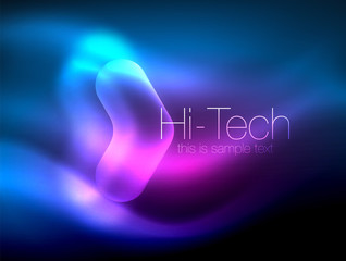 Blurred arrows in dark space. Neon pointers, glass glossy design, abstract shiny techno background, web banner