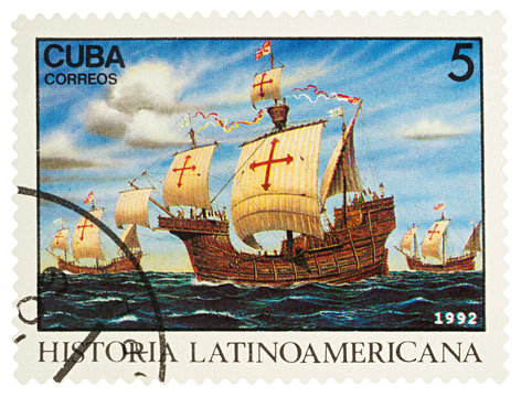 Three ships of Columbus on postage stamp