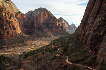 Massive cliffs and canyon at sunset, Zion National Park