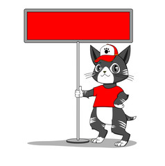 black cat mascot holding sign board