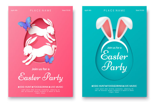 Easter party invitation flyer concept. Pink and blue easter party poster with bunny ears, rabbits and egg silhouettes. Creative vector illustrations for your event invitation. Eps 10