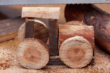Making a homemade toy made of wood, a children's locomotive train. Creativity and craft.