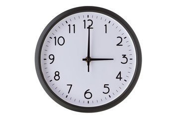Round office wall clock on white,