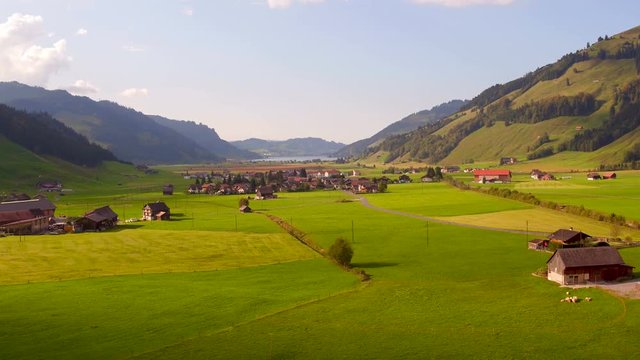 Aerial view in the foothills of Switzerland in the area of Euthal, Sihlsee and Studen