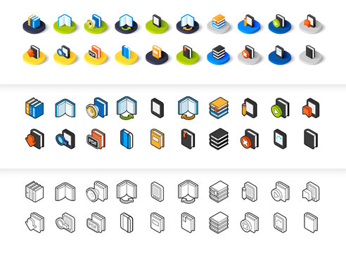 Set of icons in different style - isometric flat and otline, colored and black versions