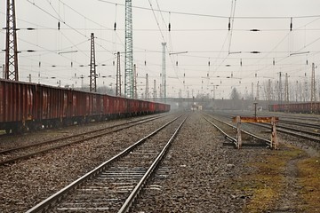 Railroad track, freight trains