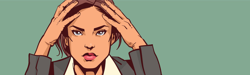 Depressed Business Woman Portrait Closeup Overworked Businesswoman Tired Or Upset Over Background With Copy Space Vector Illustration